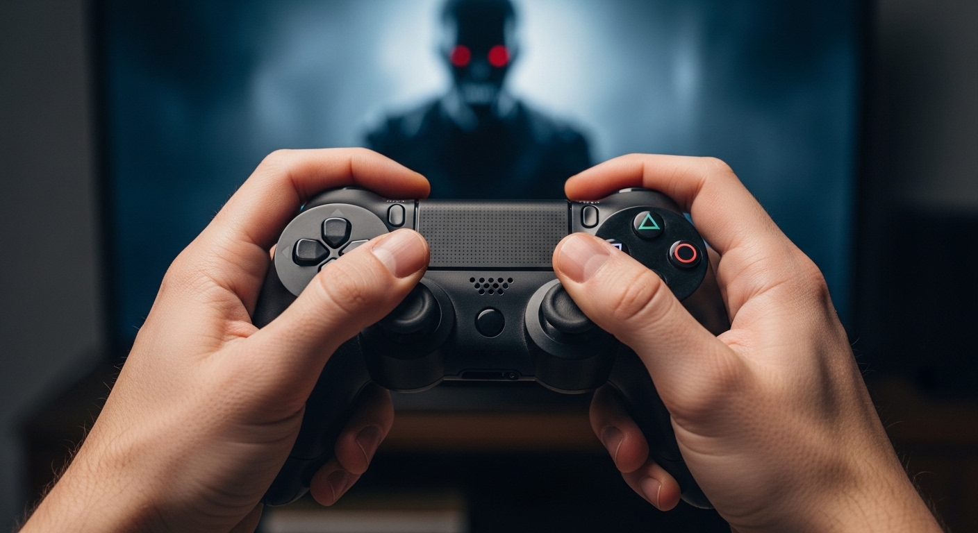 Close up of a nervous player engaging with intense horror games